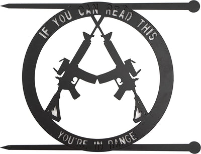 Metal No Trespassing Sign "You're In Range" Gun Metal Door, Wall or Tree Hanger Sign Decoration by GUTE - Metal Wall Art - Outdoor/Indoor Monogram (12.5" Tall, 17.3" Wide, Black) - Hanger, Gun Owners (You're in Range)