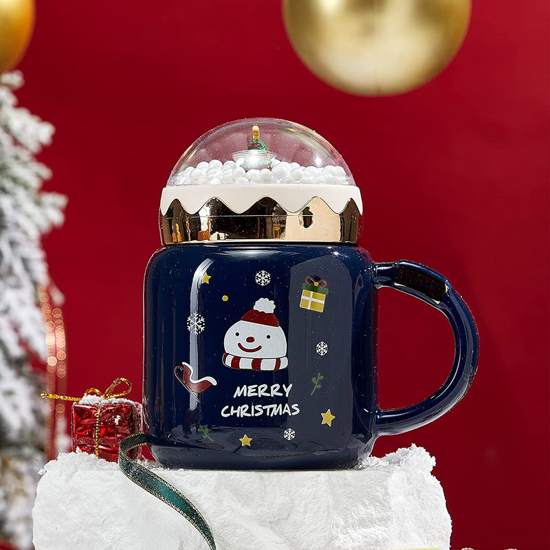 Christmas Tree Santa Snow Globe Mug Festive Mug with Winter Snow Globes Lid - Ceramic Microwave & Dishwasher Safe - 14oz Holiday Mugs for Coffee, Hot Chocolate, Eggnog - Merry - Blue, Great Gift!