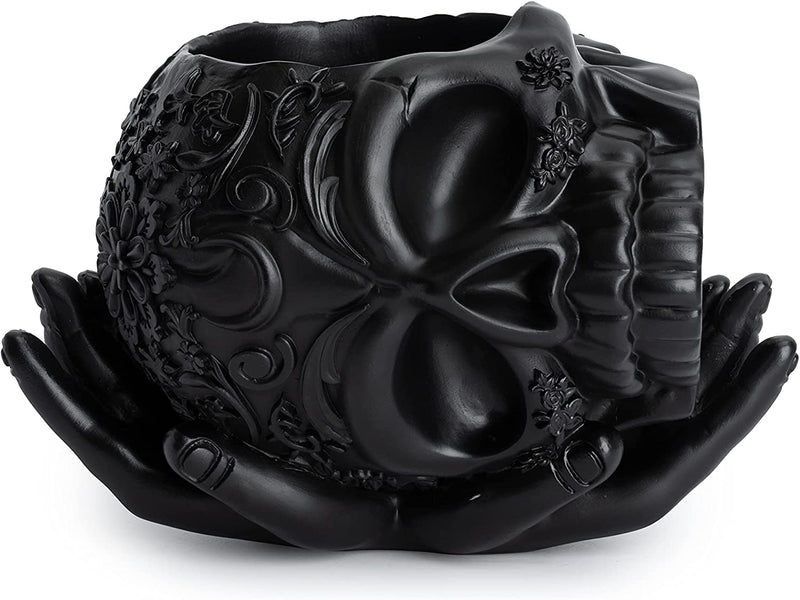 Skull Halloween Candy Bowl, Plant Planter Pot with Hand | Spooky Goth Gothic Home Decoration, Extra Large, Strong Resin, Skeleton Sweet Sugar Serving Tray, Skull and Bones Trick Or Treat Décor (Black)