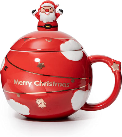 Christmas Kids Mug Santa Claus Large Festive Happy Spehre Mug - Santa Spoon & Lid - Red - Ceramic Microwave & Dishwasher Safe - 14oz Holiday Mugs - Coffee, Hot Chocolate, Eggnog - Merry Christmas Gift