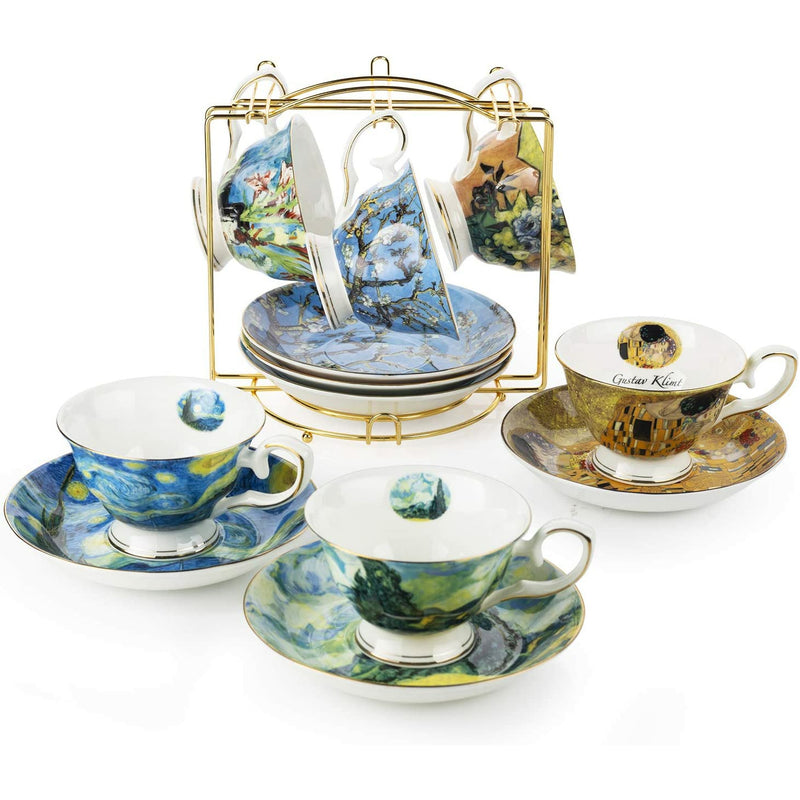 Van Gogh Bone China Set of 6 Cups and Saucers With Rack, Coffee Cup and Saucer Set With Gift Box, 8-Ounce Art Coffee Mugs Set