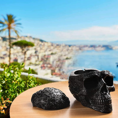 Spooky Human Skull Ashtray with Cover - Scary Skeleton Decor, Gothic Emo, Human Halloween Decorations - for Indoor or Outdoor Use - Gothic Skulls & Bones Figurines, Head Sculptures Unique Goth Gifts