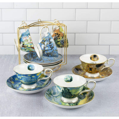 Van Gogh Bone China Set of 6 Cups and Saucers With Rack, Coffee Cup and Saucer Set With Gift Box, 8-Ounce Art Coffee Mugs Set