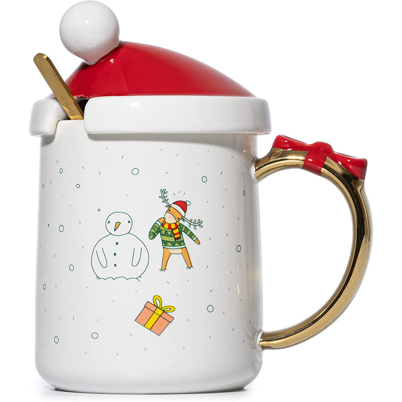 Christmas Mug Santa and Deer Red Lid with Gold Spoon - Cute Coffee & T –  Gute Decor
