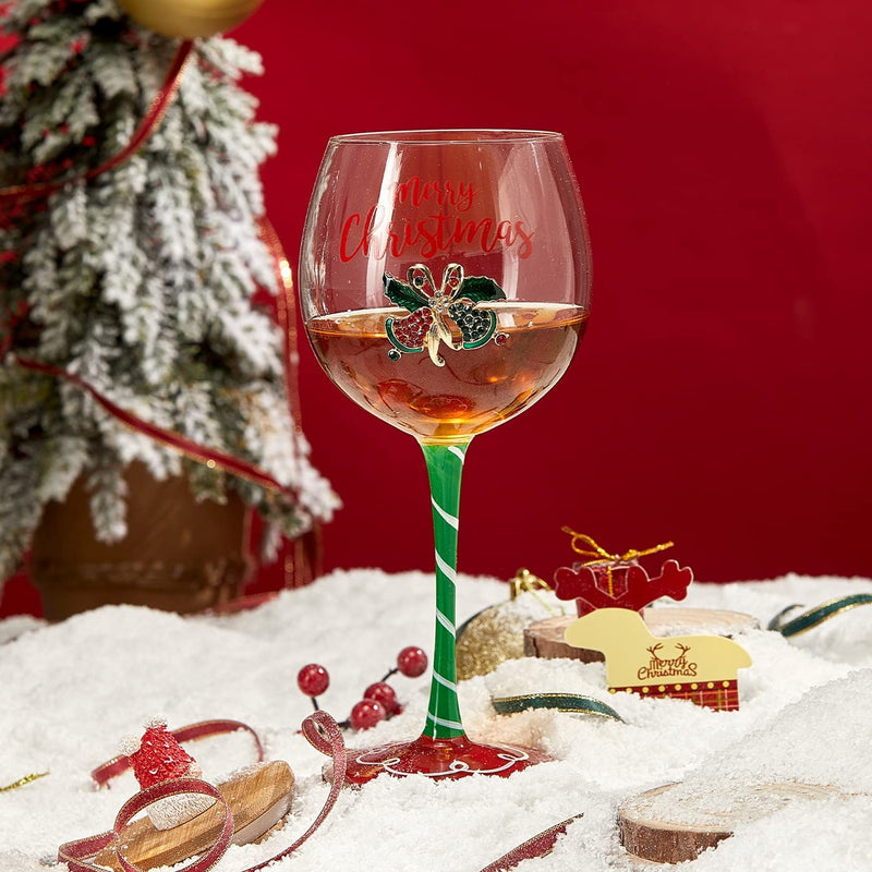 "Merry Christmas" Elf Stemmed Wine Glass by Gute - 18oz Holiday Tumbler for Cocktails, Champagne, Eggnog - Christmas, Thanksgiving, Winter, Birthday, Housewarming Gift