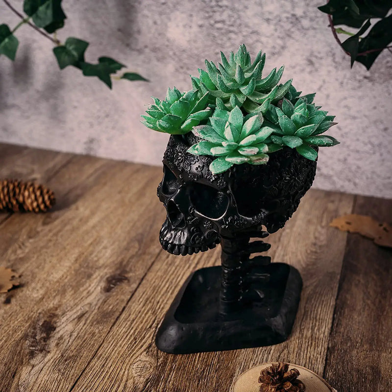 Skull with Backbone Plant Planter Pot 6" Deep Polyresin Skulls Pot for Succulents, Indoor Plants & Flowers - Serving Bowl, Skeleton Home Decor, Goth Spooky Décor Black - Gothic Gift