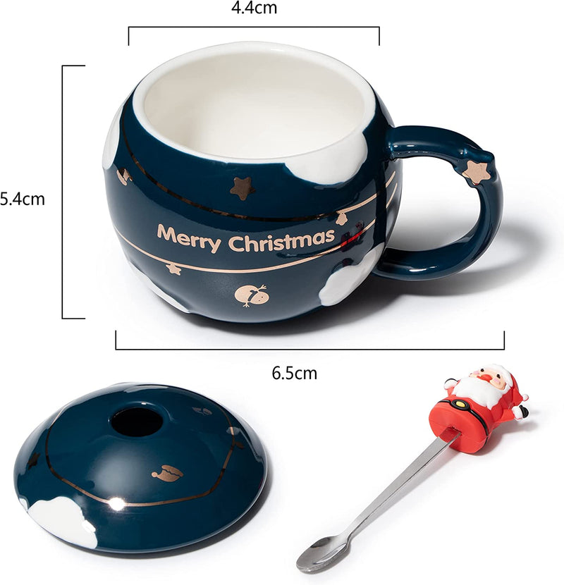 Christmas Kids Mug Santa Claus Large Festive Happy Spehre Mug - Santa Spoon & Lid - Blue - Ceramic Microwave & Dishwasher Safe - 14oz Holiday Mugs - Coffee, Hot Chocolate, Eggnog - Merry Gift