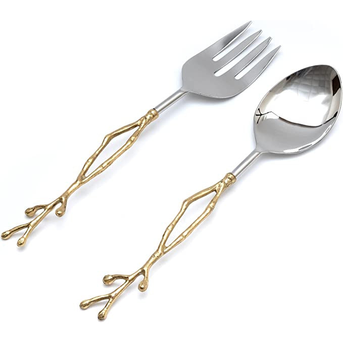 Twig Salad Servers Brass & Stainless Steel, Fork & Spoon Set Leaf Design, Two Tone Ideal for Weddings, Dinner Parties, Elegant Flatware, Housewarming Gifts, Stainless Steel Mirror Polished (Gold Twig)