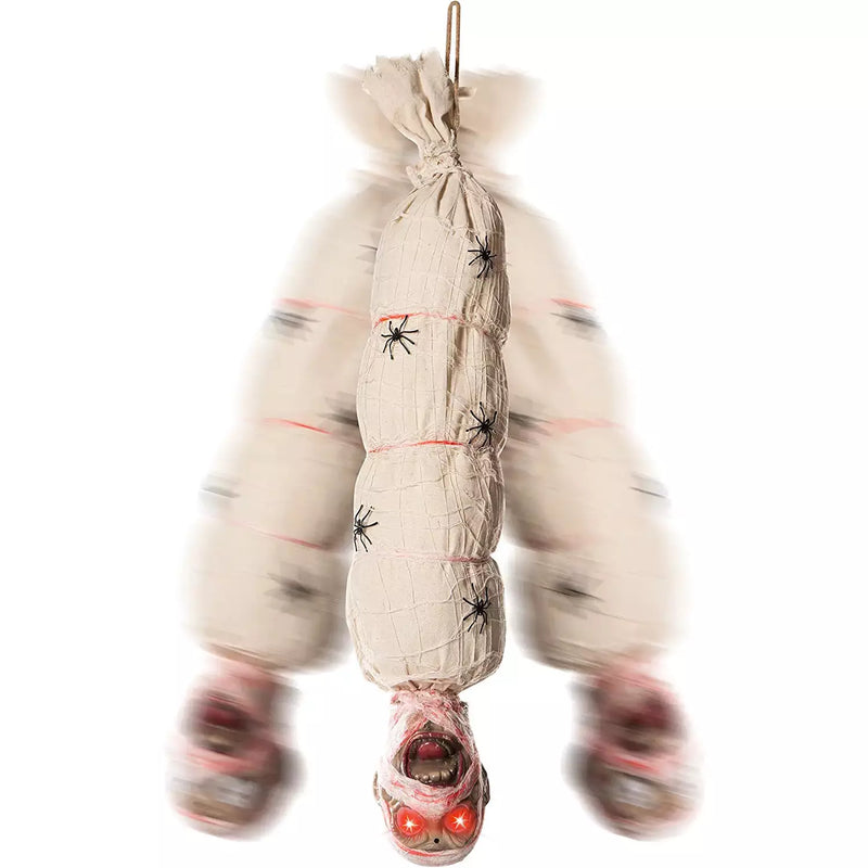 Halloween Motion Animated Hanging Cocoon Corpse Decoration 39in, Halloween Activated Decor, 2023 Version, Creepy Mummy Red Glowing Eyes & Activated Voice, Spider Adorned - Indoor & Outdoor Decorations