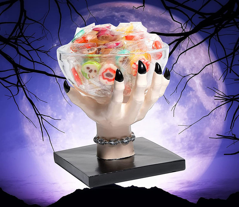 GUTE Witch Hand Large Candy Bowl Stand Witch Hand Halloween Dish For Kitchen Décor, Spooky Storage Basket Hand Hold Jewelry, Nuts, Storage Rack Resin Home Ornament for Trick Or Treat 5" H