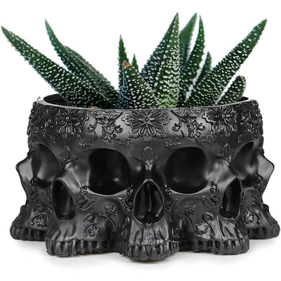 Skull Multiple Faces Halloween Candy Server Bowl, Spooky Decorations Sugar Snack Tray, Polyresin Skull Plant Planter Succulents Pots, Flower Pot Home Garden Goth Decor 4" H Trick Or Treat (Black)