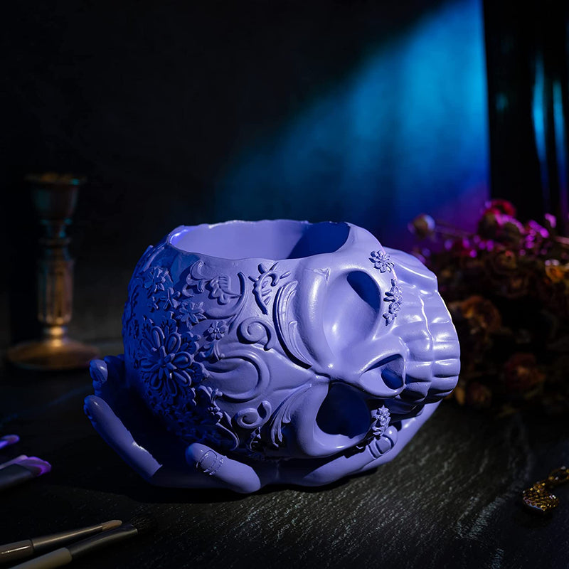 Skull Halloween Candy Bowl, Plant Planter Pot with Hand | Spooky Goth Gothic Home Decoration, Extra Large, Strong Resin, Skeleton Sweet Sugar Serving Tray, Skull and Bones Trick Or Treat Décor(Purple)