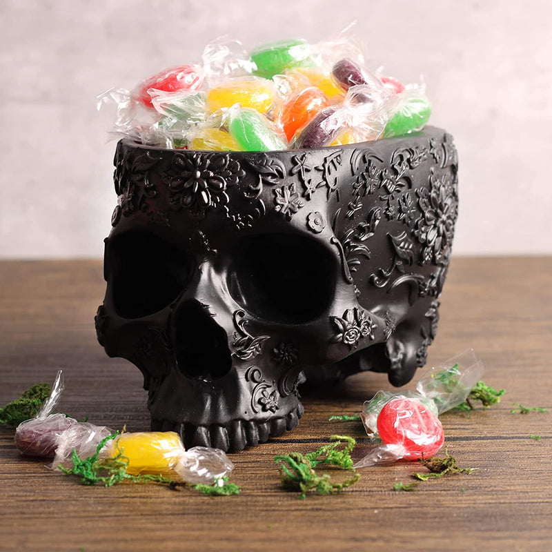Skull Halloween Candy Server Bowl, 6" Spooky Decorations Sugar Snack Tray, Deep Polyresin Skulls Pot, Indoor Plants & Flowers - Serving Tray, Modern, Skeleton Home Decor, Goth Trick Or Treat (Black)