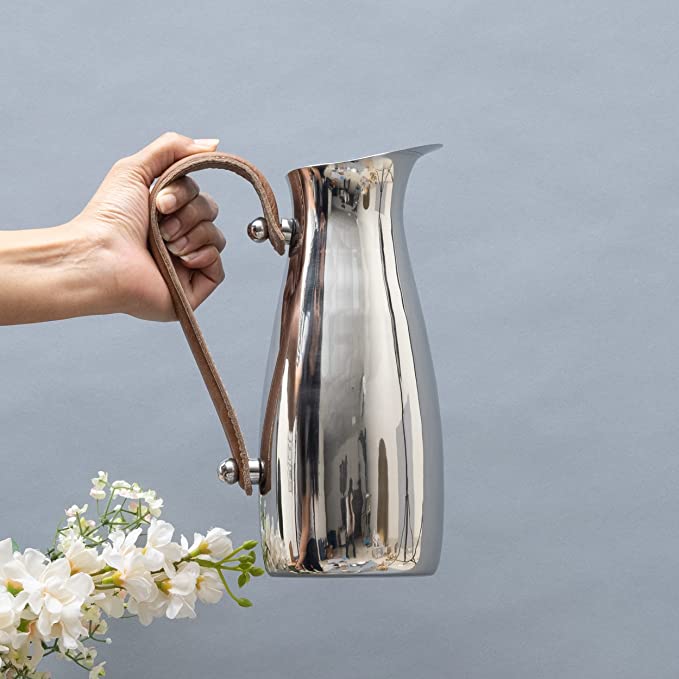 Stainless Steel Silver Water Pitcher Carafe with Leather Handle 10"H by Gute - Elegant Mirror Finish Bell Shaped Jug, For Hot/Cold Water, Iced Tea, Coffee, Sangria, Lemonade, and Flowers 42oz Capacity