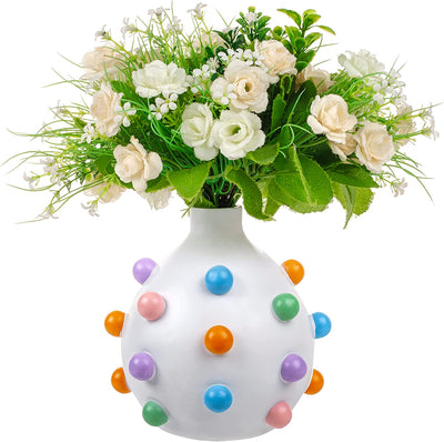 Bubble Multicolor Vase Detailed White Ceramic Planter by Gute, 9.25" Flower Plant Vase, Carved Pomponette Pastel Colors Classic - Plant Pot Colorful Round Bubble Detail for House & Holiday Gift
