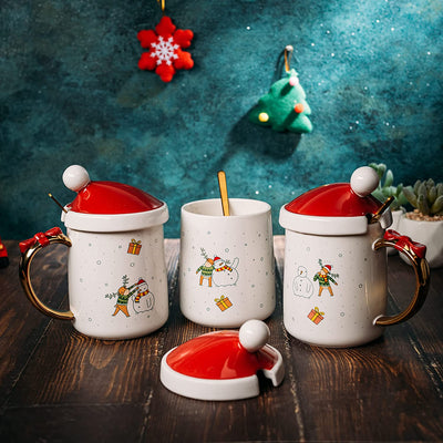 Christmas Mug Santa and Deer Red Lid with Gold Spoon - Cute Coffee & Tea Milk Cup - Holiday Festive Gift, 16oz Winter Season Cup, Cute Merry Santa, Reindeer, Snowman, Ugly Sweater - Enamel (1)