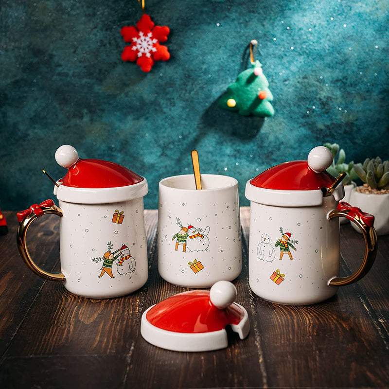 Christmas Coffee Mug Santa and Deer Red Lid with Spoon - Set of Three by GUTE - Holiday Seasonal Gift, 16 oz Winter Season Cup, Cute Merry Santa, Reindeer, Snowman, Ugly Christmas Sweater