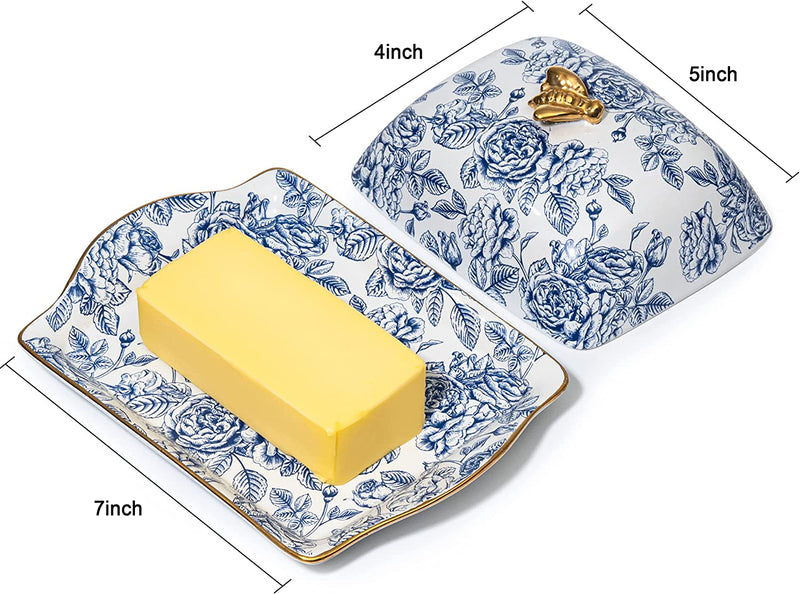 Ceramic Butter Dish, Hand Painted Blue Italian Flower Design - Fridge Or Countertop - Container Storage Floral Pattern Home Decor, Butters Plate - Lid & Golden Rim for Kitchen, Decorative Colored Tray