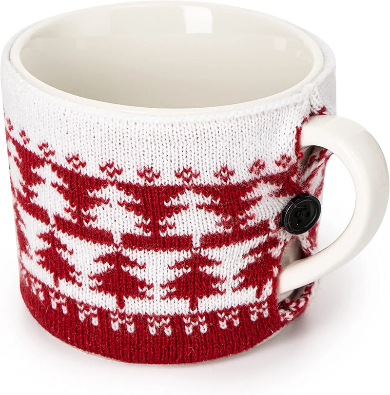 Sweater Mug Winter Cozy Gift Idea Red & White Tree Gift Mugs - Holiday Seasonal Gift, 14oz 3.5" Removable Crochet Winter Season Cup, Cute Merry Santa, Reindeer, Snowman, Snowflake Design
