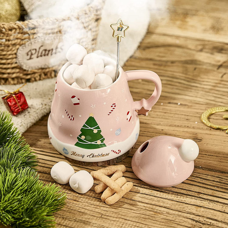 Holiday Christmas Tree Mug with a Hat Lid by Gute - 13.5oz Holiday Mug for Coffee, Hot Chocolate, Eggnog - Christmas, Thanksgiving, Winter, Birthday, Housewarming Gift (Light Pink)