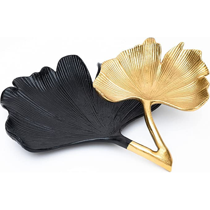 Large Decorative Black & Gold Ginkgo Leaf Tray for Serving Fruits, Appetizers - 2 Tier Centerpiece Home Decor Elegant Serveware Charchuterie Catch All Perfect for Entertaining, Wedding Gifts 11.5x13
