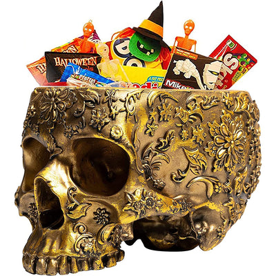 Skull Halloween Candy Bowl, Plant Planter Pot 4" H Polyresin Skulls For Succulents, Sweets Sugar Server Tray, Indoor Outdoor - Skull Serving Bowl, Modern Skeleton Home Decor Goth Trick Or Treat (Gold)