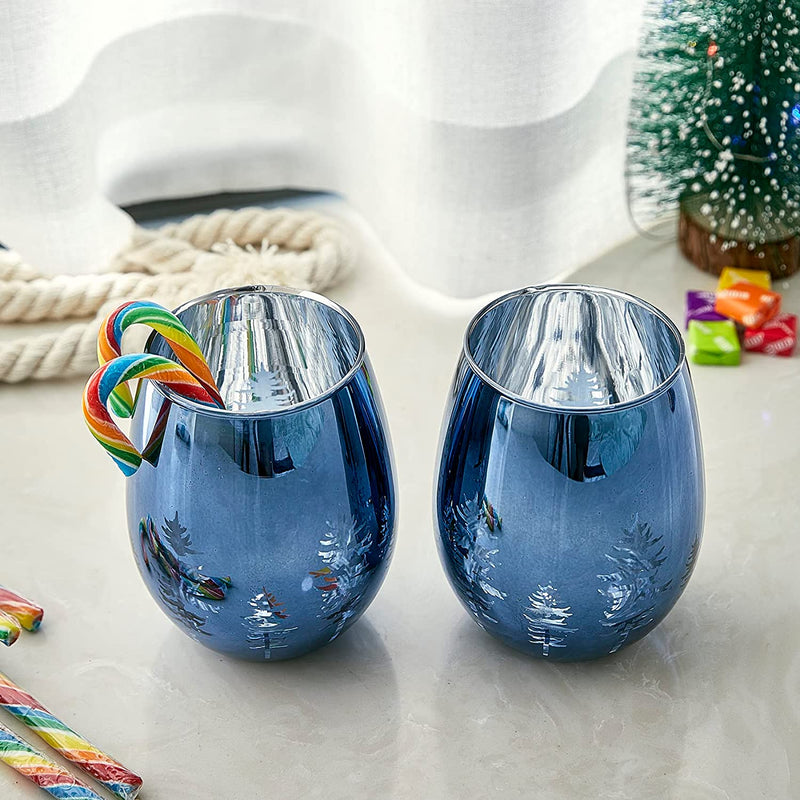 Crystal Winter Tree Wine & Water Stemless Glasses - Set of 2 - Blue Themed Vibrant Etched Winter Snow Wonderland Frosted Glass, Perfect for Themed Parties, Gifts for Him & Her Trees