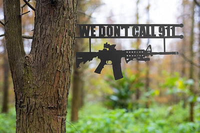 Metal No Trespassing Sign "You're In Range" Gun Metal Door, Wall or Tree Hanger Sign Decoration by GUTE - Metal Wall Art - Outdoor/Indoor Monogram (12.5" Tall, 17.3" Wide, Black) - Hanger, Gun Owners (We Don't Call 911)