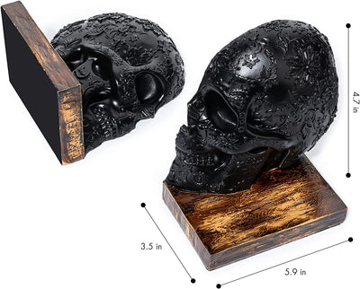Skull Book Ends Gothic, Lifesize Human, Heavy-Duty Bookends, Skeleton Decorations, Bookends for Shelves, Heavy Books, Black Skull Design Bookend 7x5.1x6.3, Spooky Decor, Holiday