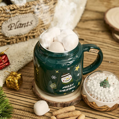 Green Christmas Mug Snowman and Christmas Tree Snow Globe Lid - Cute Coffee & Tea Milk Cup -Holiday Festive Gift, 13 oz Winter Season Cup, Cute Merry Snowman, Mistletoe, Present, Snowball Ceramic Mug