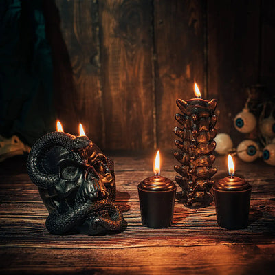 Skull Candles 4 Pack - Halloween Skeleton Snake, Spine & Black Bones Candle, Skulls Candle, Magic Skulls Candlestick Spooky Gothic Emo Decor, Home & Bar Decoration - Large Creepy Satanic - by Gute