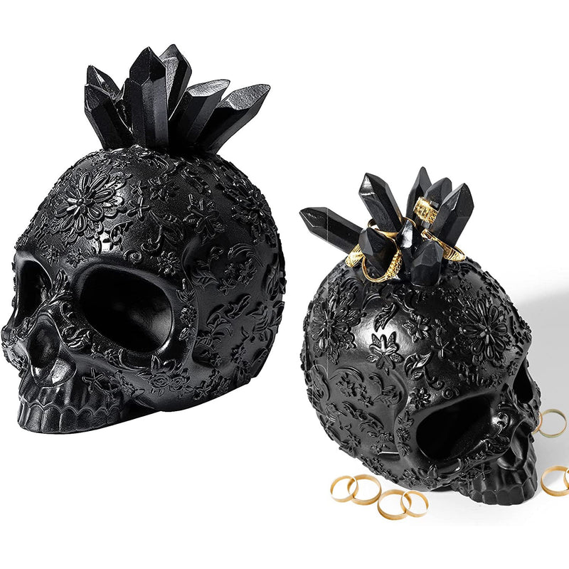 Skull﻿ Crystals Ring Holder, 3.75" H For Halloween & Year Round - Skull Decor, Goth Ring Organizer, ﻿Storage Display, Skeleton Jewelry Holder Trinket Rings Tray - Gothic & Emo Decor - Spooky Oddity