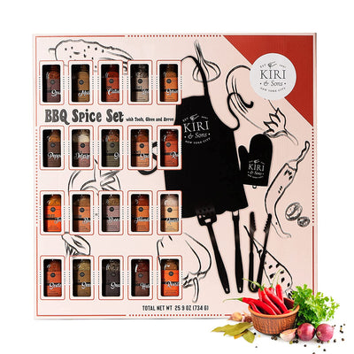 Smokehouse BBQ Grilling Gift Set Spice Set & Tools, Glove, & Apron - Set of 20 Spices & Tools - Any Barbecue Cookout, Grill Gifts - Flavors Include, Smoky Chipotle, Dry Rub, Seasoning Kiri&Son's