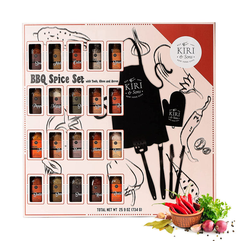 Smokehouse BBQ Grilling Gift Set Spice Set & Tools, Glove, & Apron - Set of 20 Spices & Tools - Any Barbecue Cookout, Grill Gifts - Flavors Include, Smoky Chipotle, Dry Rub, Seasoning Kiri&Son&