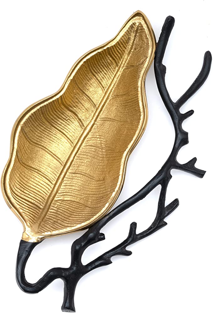 Large Decorative Leaf Tray for Candy Dish Black Branches & Leaves, Server for Fruits, Appetizers - Centerpiece Home Decor Elegant Serveware Catch All Perfect for Entertaining, Wedding Gifts 13.5"