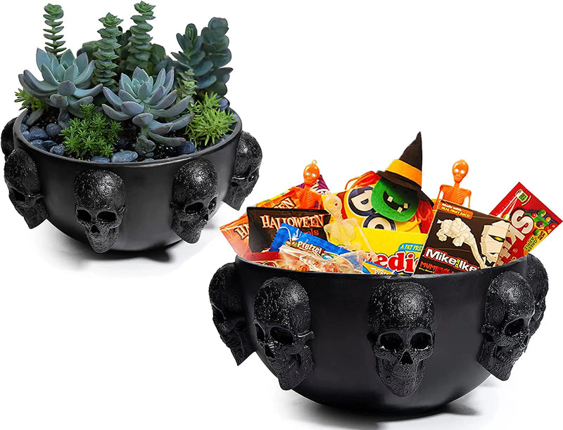 Halloween MultiSkull Candy Dish Trick or Treat Bowl & Plant Planter Pot 6" Deep Polyresin Skulls Pot for Succulents, Indoor & Outdoor Plants & Flowers - Serving Bowl, Skeleton Home Decor, Décor Black