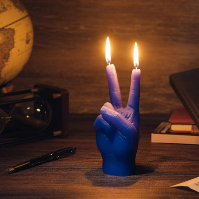 Peace Sign Candle 'Victory' Hand Gesture - Decorative Desk Statue Finger Sculpture for Home Decor Shelf Entryway Mantel Bedroom Vanity Impressive Realistic Detail, Hippie Woodstock Gift 6"H (Blue)