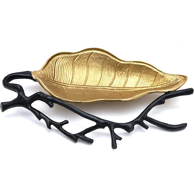 Large Decorative Leaf Tray for Candy Dish Black Branches & Leaves, Server for Fruits, Appetizers - Centerpiece Home Decor Elegant Serveware Catch All Perfect for Entertaining, Wedding Gifts 13.5"