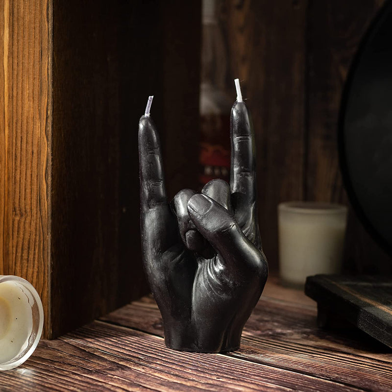 Gute Rock & Roll Hand Candle, Sign of The Horns Hand Gesture Candle, Gift for Music Lovers, Rockers, Bikers, Rock Lovers! - 15x10cm (Black)