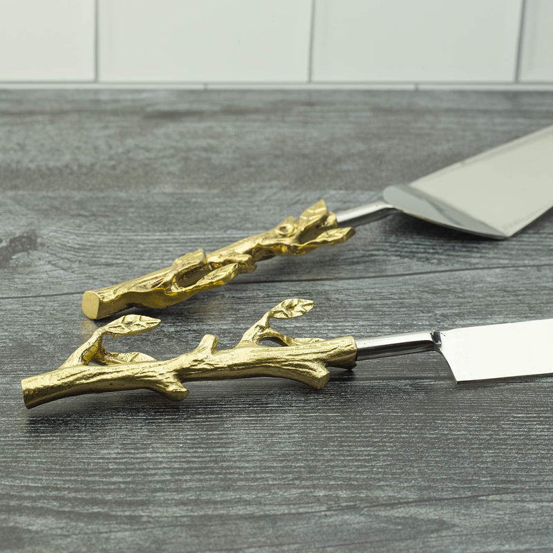 Gold Leaf Cake Servers 2 pcs Cake Knife and Serving Spatula Set Gold Leaf Design, Stainless Steel and Brass Two Tone Ideal for Weddings, Party&