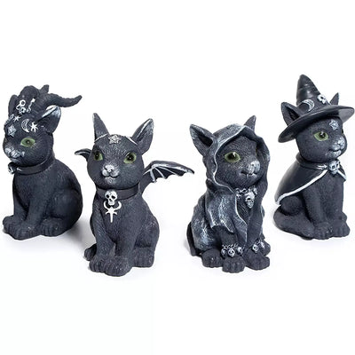 Cats Garden Gnome Witch Adorable Decorations - Set of 4 - Statues, Fairy Garden, Cat Lover Gift Idea, Waterproof Figurines Indoor & Outdoor Lawn Ornament Funny Decoration - Cute Gothic Decor