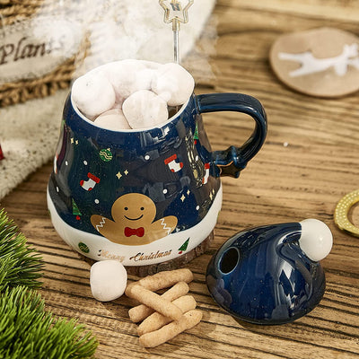 Christmas Gingerbread Tree Santa Hat Festive Mug - Elf & Santas Hat Lid - Ceramic Microwave & Dishwasher Safe - 14oz Holiday Mugs for Coffee, Hot Chocolate, Eggnog - Merry Christmas - Navy Great Gift
