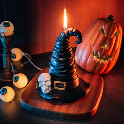 Halloween Decorations - Skeleton Witch & WIzard Hat Candle with Obsidian Crystal by Gute - Halloween Party Decor Spooky Horror Decorations Skull, Wizard Hocus Pocus Tabletop Gothic, Burns 30 Hours 7"H