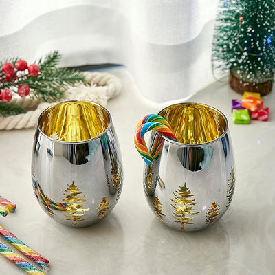 Set of 2 Stemless Christmas Tree Winter Wonderland Polyform Wine Tumblers - Shining Silver & Gold, Perfect for Holiday Parties, Thanksgiving, Glass Trees Decor, Holidays Home Decorations - 17.5 oz