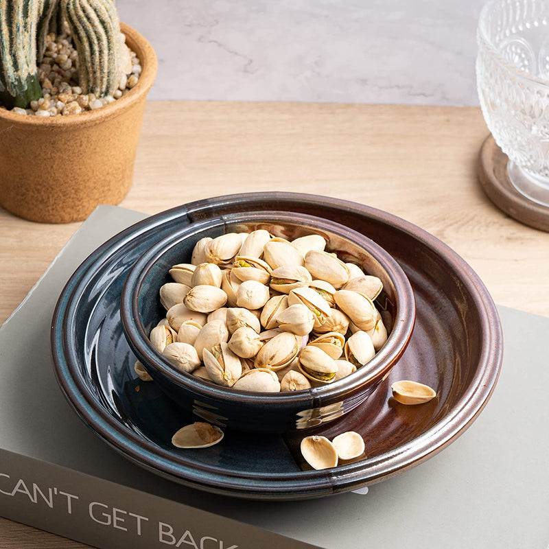 Pistachio Snack Bowl, Double Dish Holder Bowl Pedestal and Sunflower Seed Nut Bowl with Shell Storage Chip and Dip Dipping Bowl, Veggies, Nuts, Guacamole, Cheese or Pita Tray - Party Platter 8"W & 2"H