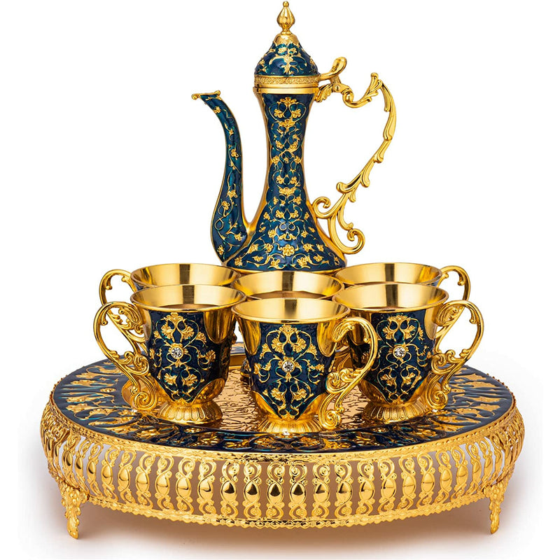 Vintage Extra Large Turkish Coffee & Tea Pot Set for 6 by Gute with Large Crystal Tray & Teapot Gold with Swarovski Style Crystals (Blue) 480ml - 6 Vintage Moroccan Tea Glasses 230ml Teacups Gold
