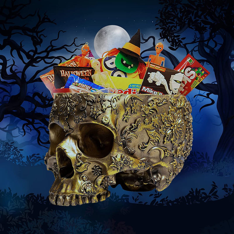 Skull Halloween Candy Bowl, Plant Planter Pot 4" H Polyresin Skulls For Succulents, Sweets Sugar Server Tray, Indoor Outdoor - Skull Serving Bowl, Modern Skeleton Home Decor Goth Trick Or Treat (Gold)