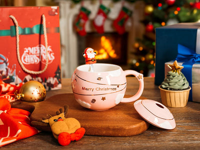 Christmas Coffee Mug Santa Red Lid with Spoon - Pink Globe Mug by GUTE - Holiday Seasonal Gift, 12 oz Winter Season Cup, Cute Merry Santa, Reindeer, Snowman, Ugly Christmas Sweater