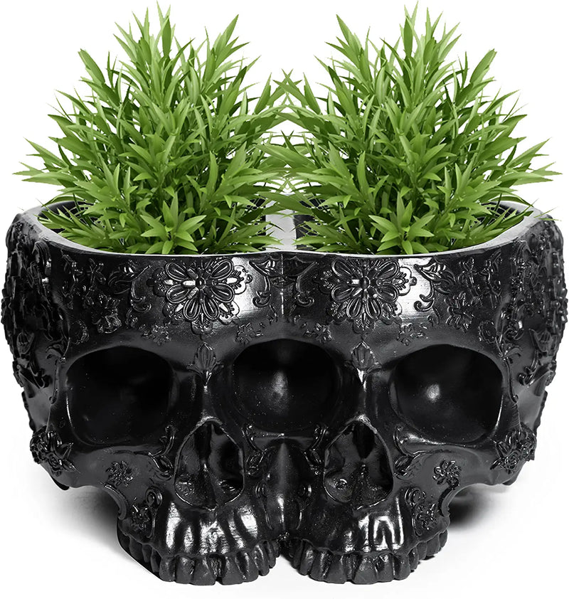 Double Head Skull Halloween Candy Bowl, Planter Pots 4" H Polyresin Spooky Skulls Server Tray, Outdoor & Indoor Plants & Flowers - Serving Decor, Skeleton Home Black Goth Trick Or Treat Bowl
