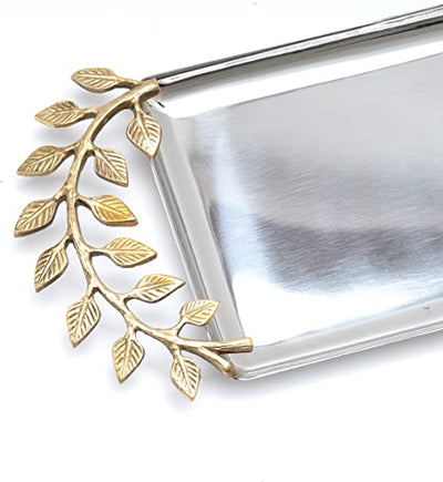 21" Long Decorative Golden Vine Oval Centerpiece Silver Serving Tray with Accents by Gute - Stainless Steel Metal & Brass, Gold Leaves Trim Accent Design, Serveware Foods Home Decor Gifts
